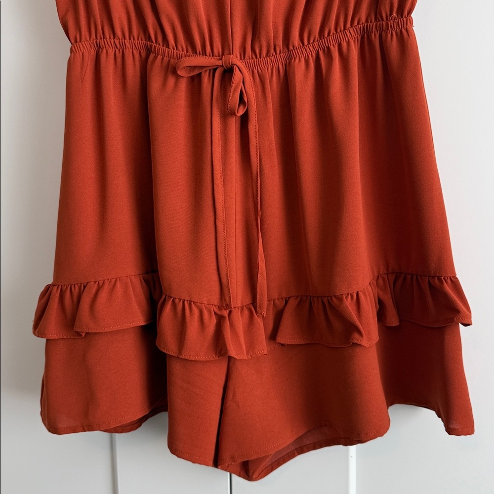 Rust Orange Sleeveless Ruffle Romper - Picture 2 of 6